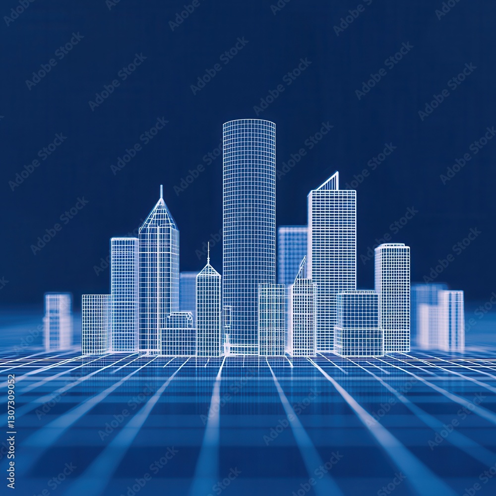 Poster a digital blueprint of a futuristic city skyline with grid lines, showcasing various building design