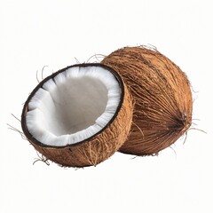 Two Halves of a Coconut Showing Rough Brown Exterior and Smooth White Interior.