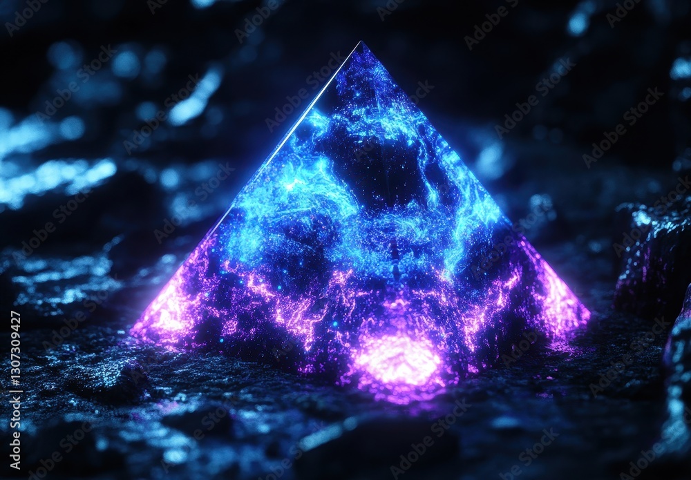 Poster Neon Illuminated Crystal Pyramid Surrounded by Mystical Turbulence in Dark Environment with Glowing Reflections and Intricate Patterns