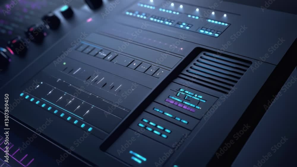 Poster professional audio mixer highlighting advanced sound engineering with illuminated buttons, dynamic l