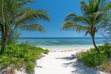 Obraz premium Beautiful tropical beach with palm trees and clear blue sky on a sunny day, perfect summer vacation background