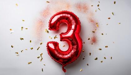 Red balloon number 3 for third birthday or anniversary party. White background with confetti