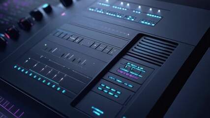 Professional audio mixer highlighting advanced sound engineering with illuminated buttons, dynamic level meters, and blinking led lights against dark technological background - Powered by Adobe