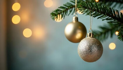 Gold and silver Christmas balls hanging from a string, garland, ornaments