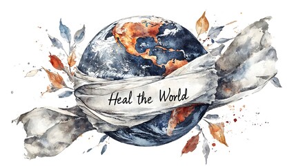 Obraz premium Healing the Earth A Powerful Watercolor Painting of the Globe Wrapped in a Bandage with a Hand Painted Message Calling for the and Protection of Our Fragile Planet