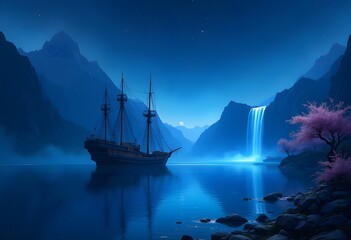 Obraz premium Viking Ship by a Misty Fjord: A wooden Viking ship docked by a fjord, surrounded by mist and tall mountains. 