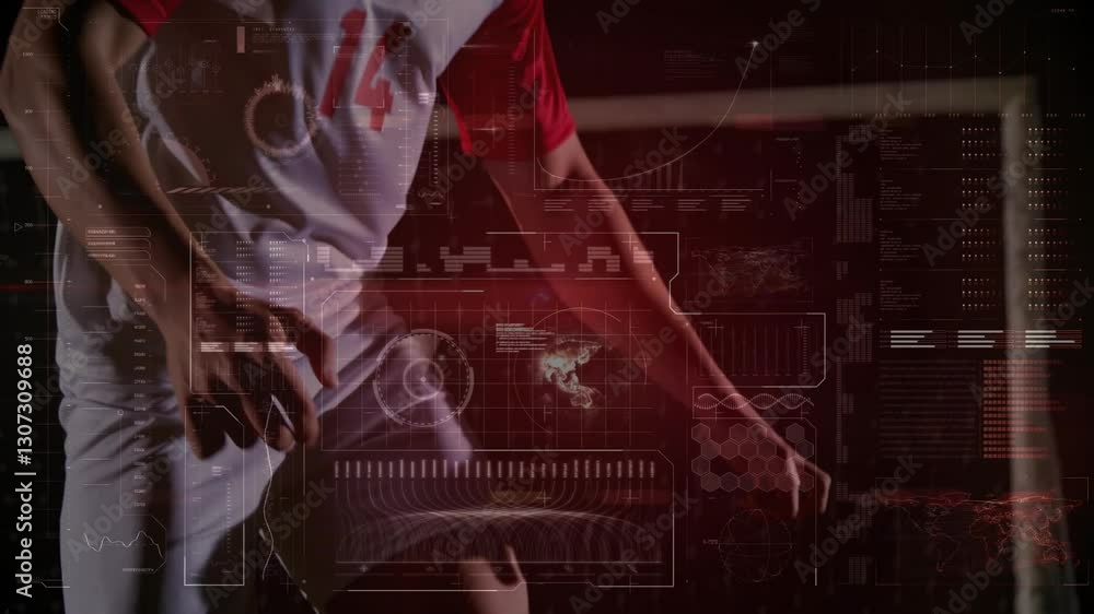 Poster soccer player in action with digital data processing animation overlay