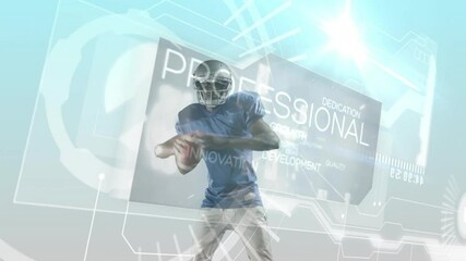 Running American football player with futuristic animation data graphics overlay - Powered by Adobe