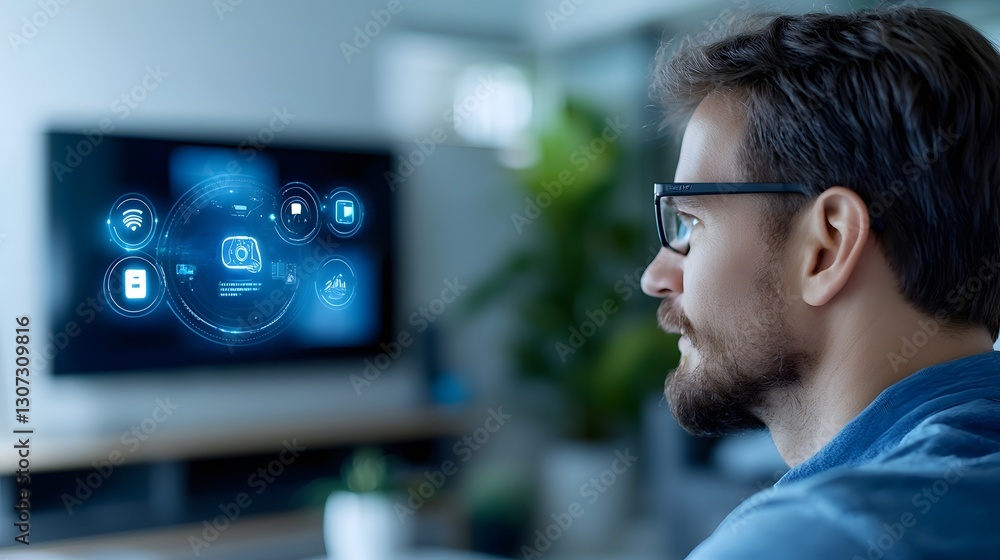 Poster futuristic smart home control panel with a holographic display of floating digital icons showcasing 