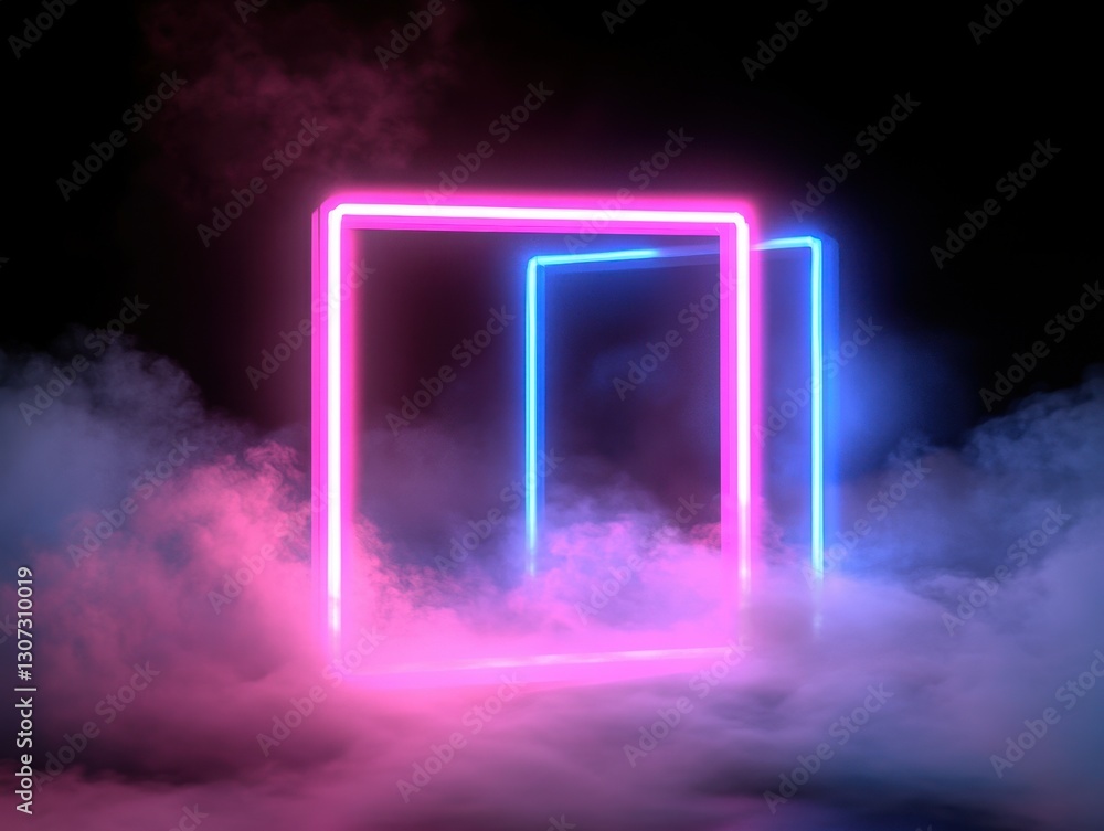 Poster neon light boxes surrounded by colorful smoke in a dark environment creating a dreamlike atmosphere 