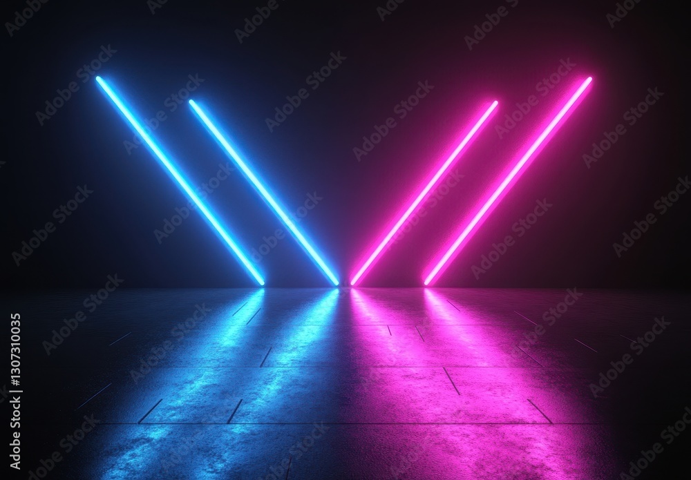 Poster neon light beams in blue and pink colors crossing in dark space creating dynamic visual effect with 