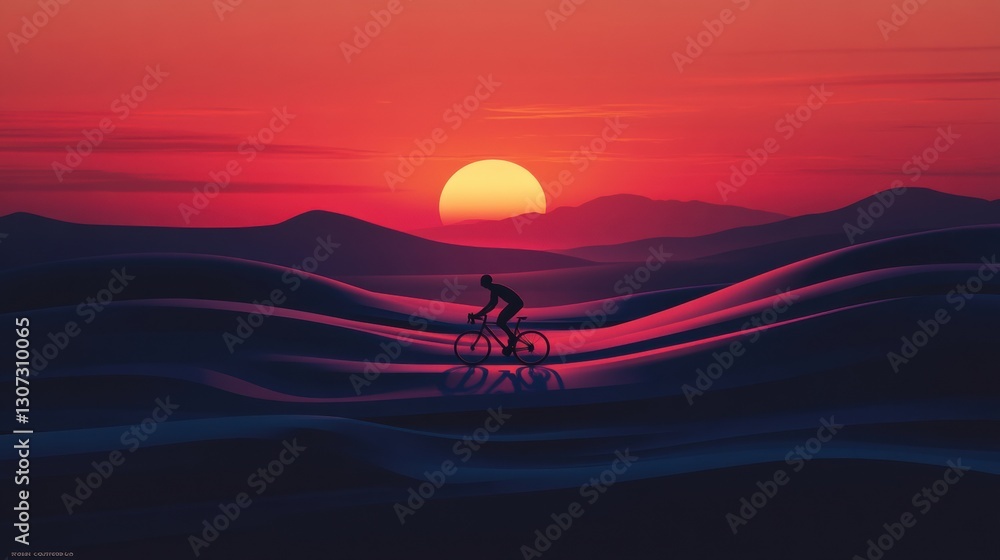 Poster cyclist rides toward glowing sunset across rolling hills at golden ratio intersection in tranquil ev