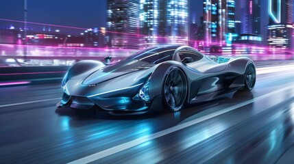 Fototapeta premium Sleek Silver Sports Car on Neon City Street at Night