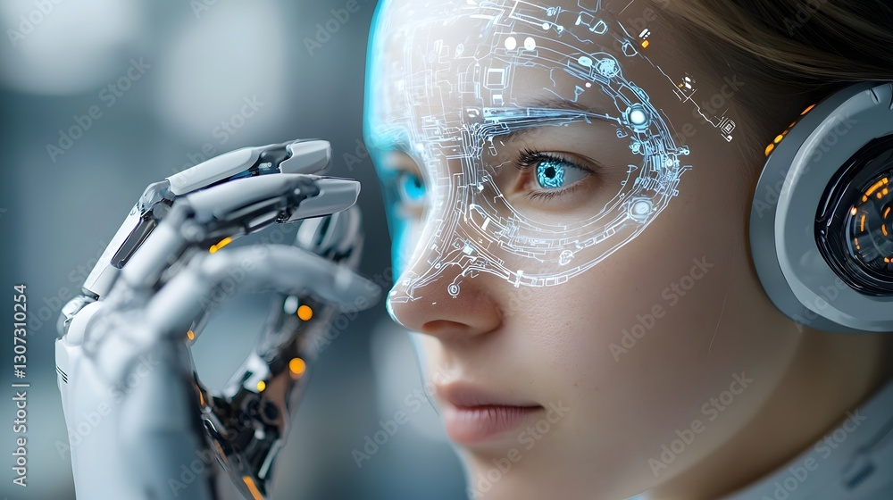 Poster glowing neon holographic head materializing from futuristic cybernetic device with sci fi user inter