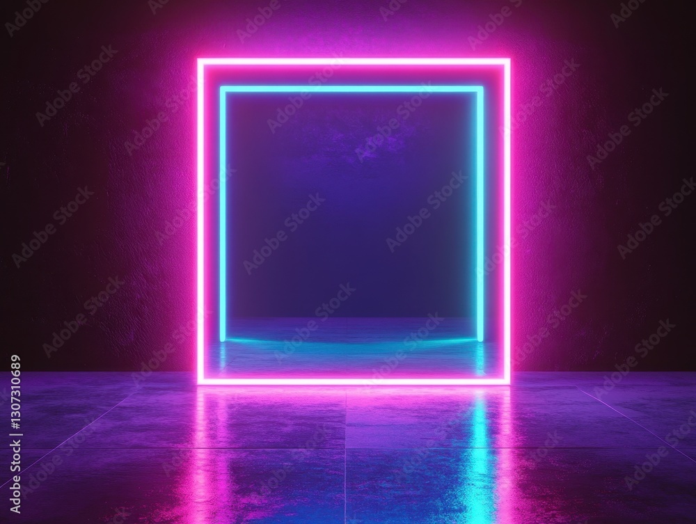 Poster neon light frame in dark room creating futuristic vibes with reflective floor and vibrant colors for