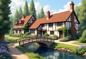 Oil painting,a beautifull cottage by a creek with wild colorful wild flowers and a stone bridge.
