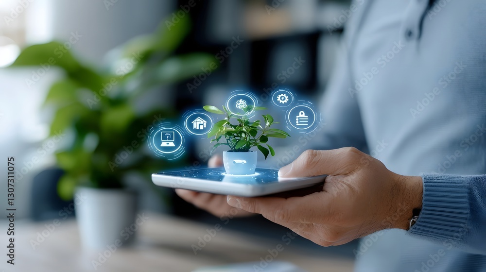 Poster holographic smart home automation system with floating digital control icons depicting the next of i