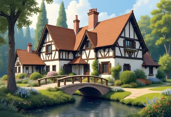 Obraz premium Oil painting,a beautifull cottage by a creek with wild colorful wild flowers and a stone bridge. 