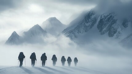 During the polar snowstorm, seven expedition members traveled through the snow, with mountains looming in front of them and shrouded 