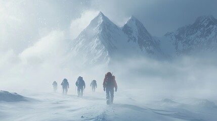 During the polar snowstorm, seven expedition members traveled through the snow, with mountains looming in front of them and shrouded 