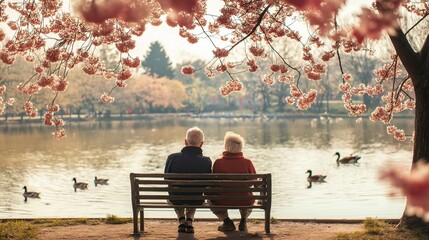 Senior couple enjoying peaceful moment on park bench by lake, surrounded by blooming cherry blossoms in springtime, creating serene and romantic atmosphere