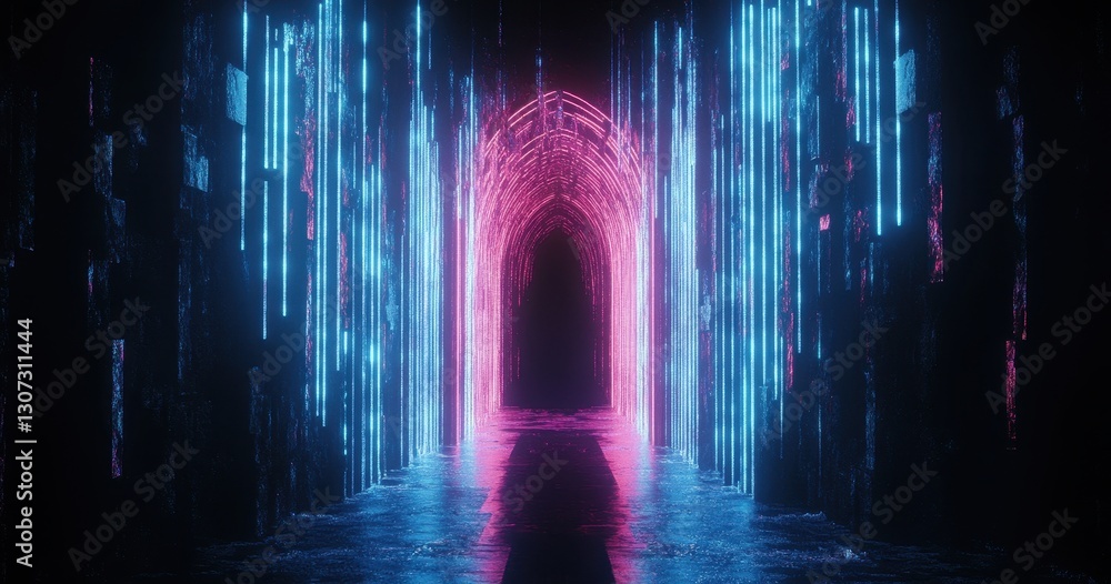 Poster neon light passage in a dark tunnel with glowing arches and strip lights creating a futuristic atmos
