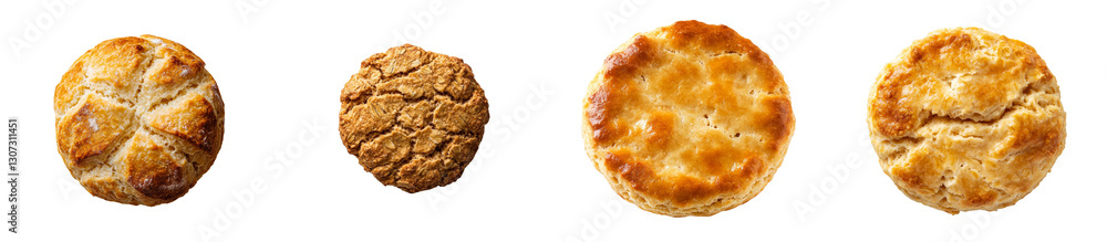 Poster A circular, whole wheat biscuit and a cookie that includes raisins are displayed from the top, isolated on a simple white background