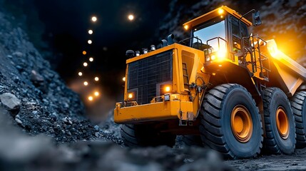 Massive underground excavation zone with glowing yellow construction machinery complex tunnel network and overhead lights illuminating the darkness of the underground worksite