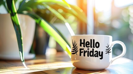 hello friday coffee cup stand on table on sunny day animation