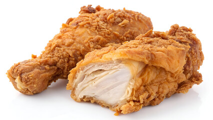 A piece or assortment of fried chicken, isolated on a white background, showcasing its crispy, golden-brown texture.