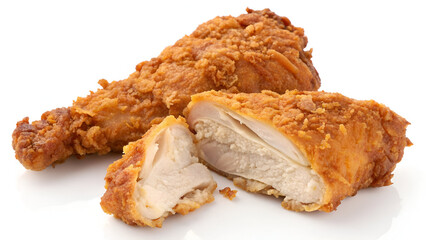 A piece or assortment of fried chicken, isolated on a white background, showcasing its crispy, golden-brown texture.