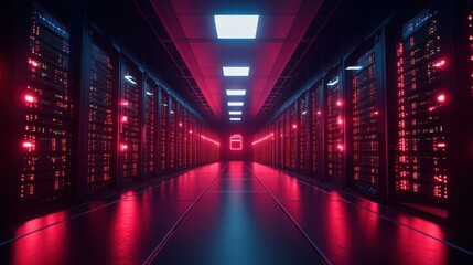 Futuristic server room with neon lights and security symbol.