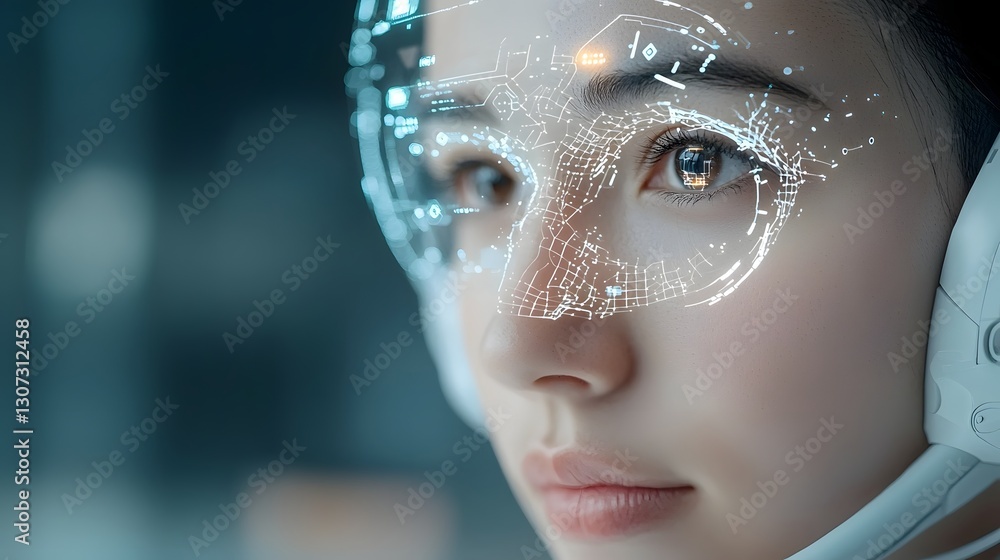 Poster luminous hyper detailed digital human face projection hovering above a sleek modern tablet interface