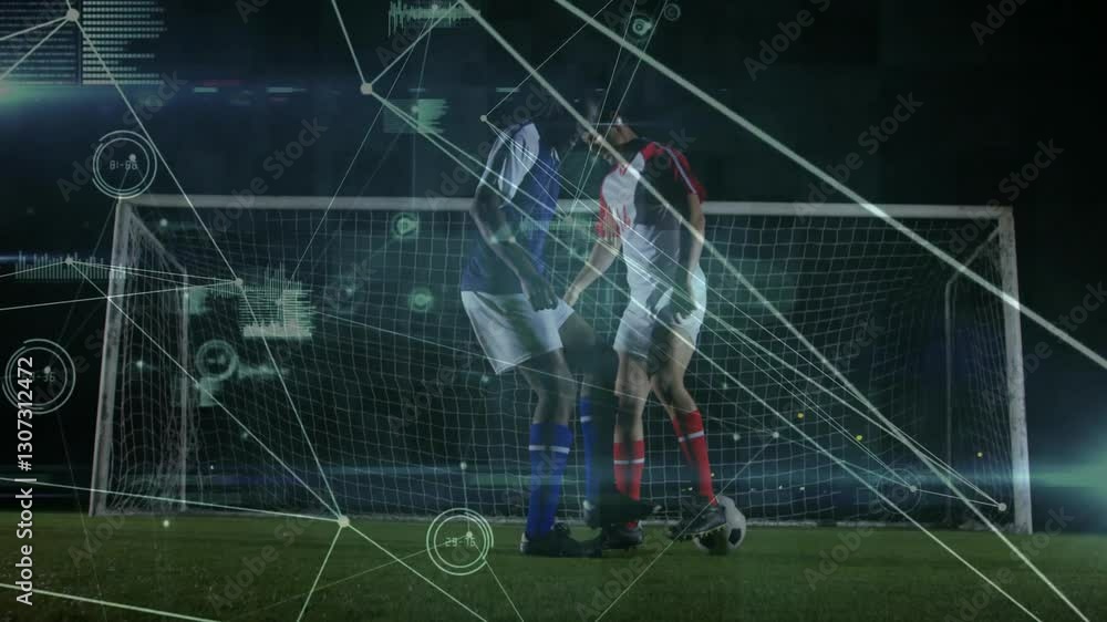 Poster soccer players competing on field with digital data overlay animation