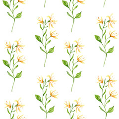 Fototapeta premium Floral seamless background watercolor. Honeysuckle seamless pattern. Floral background with Honeysuckle. June birth month flower. Botanical Background for wallpapers, wrapping paper, textile