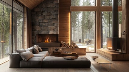 Cozy and Modern Living Room Interior with Stone Fireplace and Large Windows Overlooking Forest Landscape in a Contemporary Cabin Home