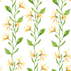 Floral seamless background watercolor. Honeysuckle seamless pattern. Floral background with Honeysuckle. June birth month flower. Botanical Background for wallpapers, wrapping paper, textile