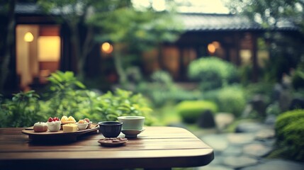 Wooden table with tea set and pastries in a serene garden setting.