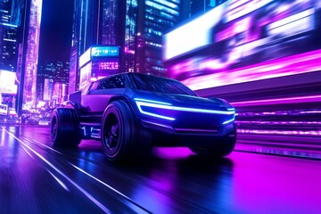 Fototapeta premium Futuristic Electric Truck City Drive - Sleek electric truck speeding through a vibrant neon city at night. Dynamic motion blur effect
