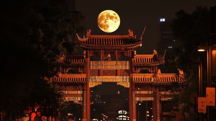 A full moon shines above a traditional ornate gateway at night