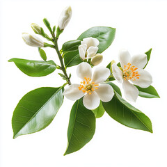 Obraz premium Orange blossom with green leaves and delicate floral details on white background