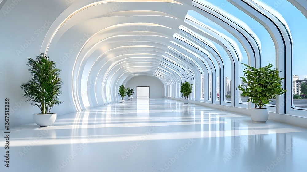 Poster minimalist and modern futuristic white architectural hallway with an infinite linear perspective sky