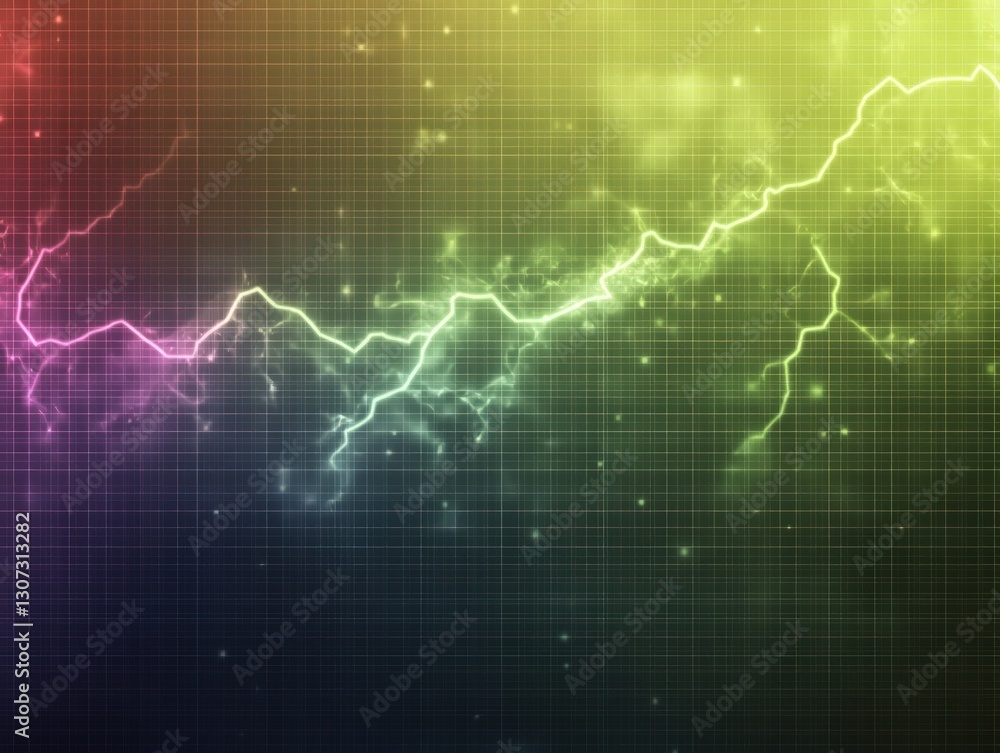 Poster abstract digital artwork of lightning strike over grid pattern with rainbow color gradient and brigh