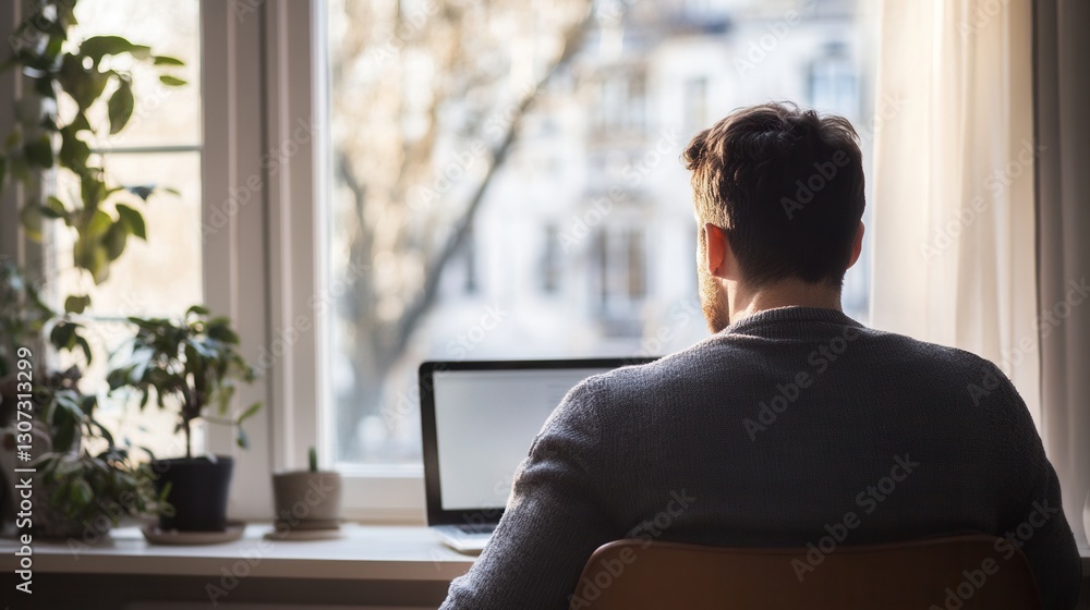 Poster person working on laptop in cozy room with plants and bright window view during daytime generative a