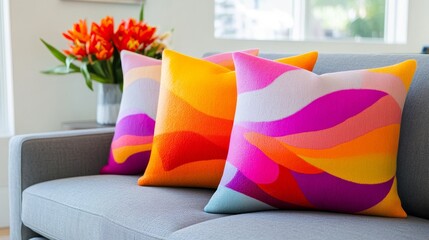 Colorful decorative pillows on a modern sofa with a vibrant floral arrangement in the background