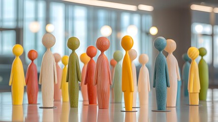 representation of diverse wooden figurines in a serene minimalist setting  The brightly colored abstract shapes and forms symbolize the concept of diversity community and unity