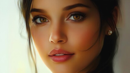 Fototapeta premium The elegance of an olive-skinned woman is captured in a flawless studio portrait, her serene expression glowing under evenly diffused lighting against a pure white setting. 