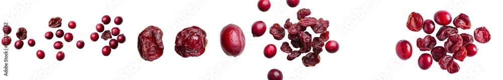 Poster the image features dried cranberries set against a plain white background, viewed from above