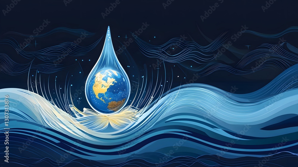 Poster of a water drop transforming into the shape of the earth surrounded by abstract waves that symbolize