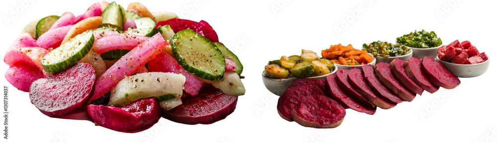 Poster cooked and fresh beetroot slices are presented in isolation on a white backdrop